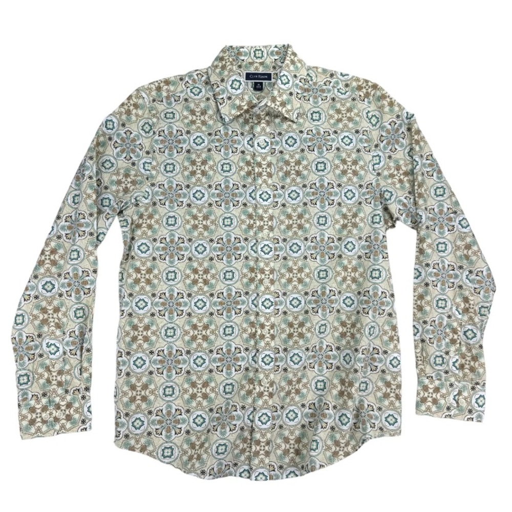 Mens Medallion Long Sleeve Button Down Dress Shirt L 100% Cotton Pineapple